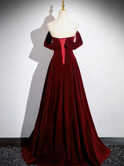 A Line Burgundy Velvet Formal Dress Long Evening Dress