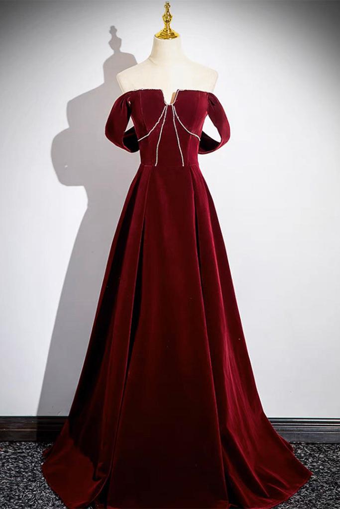 A Line Burgundy Velvet Formal Dress Long Evening Dress