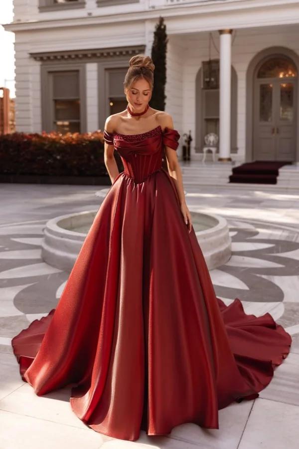 A Line Cap Sleeve Prom Dress Off the Shoulder Satin Formal Dress