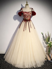 A Line Champagne Prom Dress Tulle Long Evening Dress