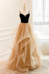 A Line Champagne Prom Dress Tulle Long Formal Evening Dress