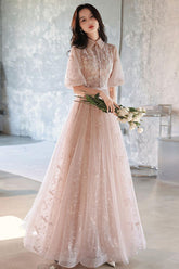 A Line Champagne Prom Dress Tulle Sequin Long Formal Gown Evening Dress