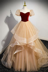 A Line Champagne Velvet Formal Dress Long Tulle Evening Dress