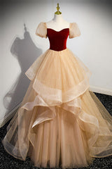 A Line Champagne Velvet Formal Dress Long Tulle Evening Dress