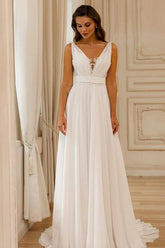 A Line Chiffon Lace V Neck Sleeveless White Wedding Dress Bridal Gown With Openback