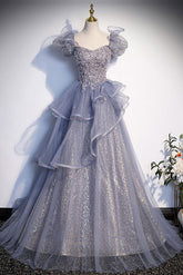 A Line Gray Blue Prom Dress Sequin Long Tulle Formal Evening Dress