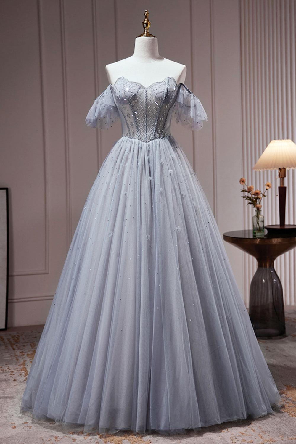 A Line Gray Blue Prom Dress Tulle Sequin Beaded Long Evening Dress