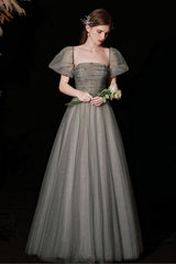A Line Green Prom Dress Long Tulle Sequin Graduation Dress Evening Dress