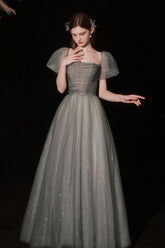 A Line Gray Prom Dress Long Tulle Sequin Graduation Dress Evening Dress