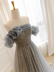 A Line Gray Prom Dress Tulle Sequin Long Formal Dress Evening Dress