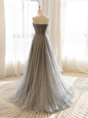 A Line Gray Prom Dress Tulle Sequin Long Formal Dress Evening Dress