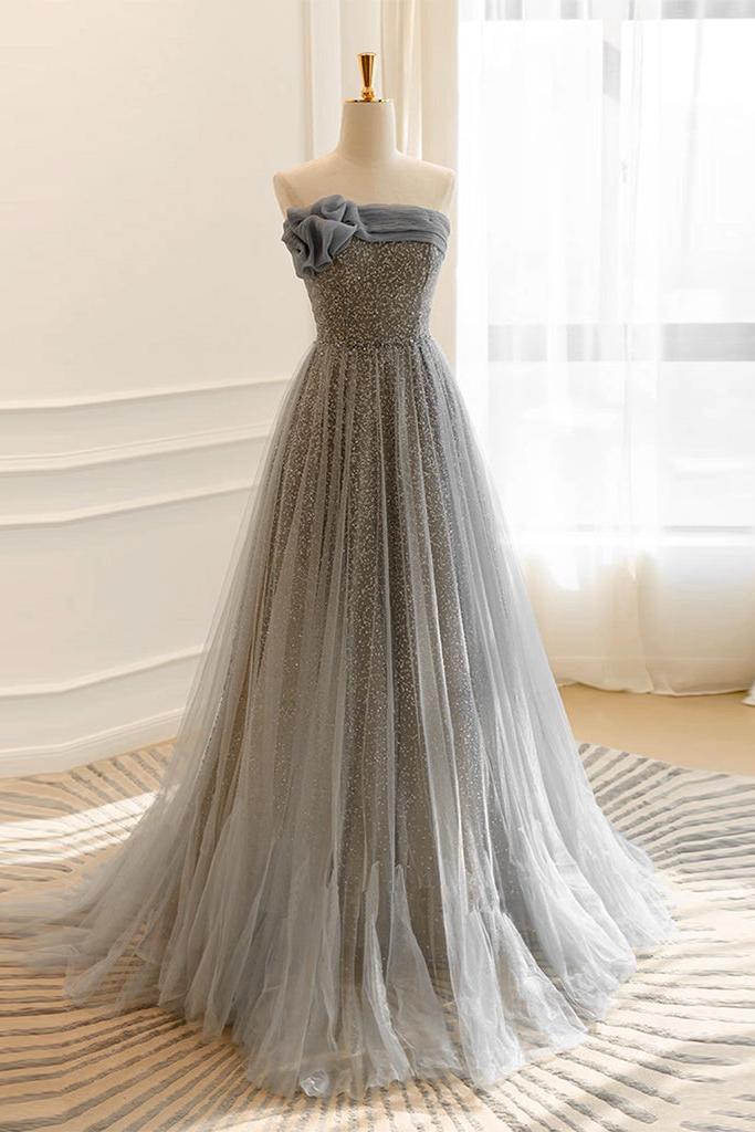 A Line Gray Prom Dress Tulle Sequin Long Formal Dress Evening Dress