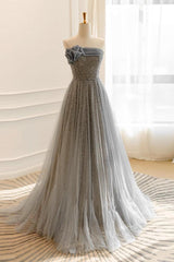 A Line Gray Prom Dress Tulle Sequin Long Formal Dress Evening Dress