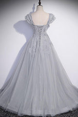 A Line Gray Prom Dress Tulle Sequin Long Formal Evening Dress