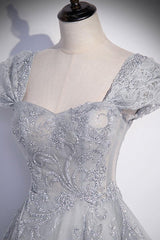 A Line Gray Prom Dress Tulle Sequin Long Formal Evening Dress