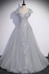A Line Gray Prom Dress Tulle Sequin Long Formal Evening Dress