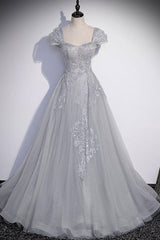 A Line Gray Prom Dress Tulle Sequin Long Formal Evening Dress