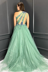 A Line Green Prom Dress One Shoulder Tulle Long Wedding Guest Dress with Flowers