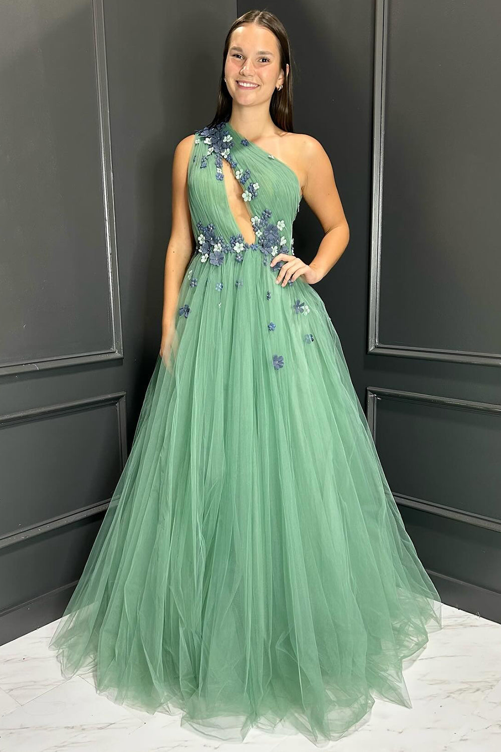 A Line Green Prom Dress One Shoulder Tulle Long Wedding Guest Dress with Flowers