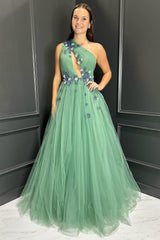 A Line Green Prom Dress One Shoulder Tulle Long Wedding Guest Dress with Flowers