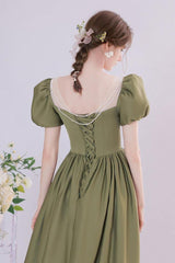 A Line Green Prom Dress Satin Tea Length Long Formal Dress Evening Dress