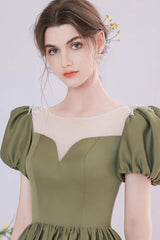 A Line Green Prom Dress Satin Tea Length Long Formal Dress Evening Dress