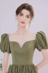 A Line Green Prom Dress Satin Tea Length Long Formal Dress Evening Dress