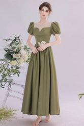 A Line Green Prom Dress Satin Tea Length Long Formal Dress Evening Dress