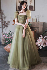 A Line Green Prom Dress Sequin Tulle Long Formal Party Dress Evening Dress