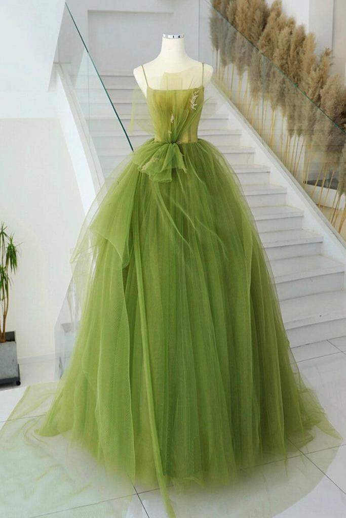 A Line Green Prom Dress Tulle Long Formal Gown Evening Dress