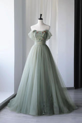 A Line Green Prom Dress Tulle Long Sequin Formal Gown Evening Dress