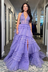 A Line Halter Neck Lilac Tulle Long Prom Dress With Ruffles Formal Evening Gown