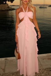 A Line Halter Neck Pink Long Prom Dress With Keyhole Ruffles Formal Evening Gown