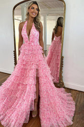 A Line Halter Neck Pink Printed Tulle Long Prom Dress With Ruffles Formal Evening Gown