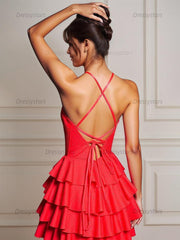 Dressystars A Line Halter Neck Satin Tiered Homecoming Dress with Keyhole