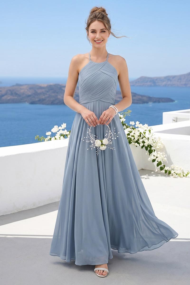 A-Line Halter Sleeveless Ruched Floor-Length Chiffon Bridesmaid Dresses
