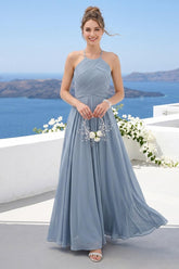 A-Line Halter Sleeveless Ruched Floor-Length Chiffon Bridesmaid Dresses