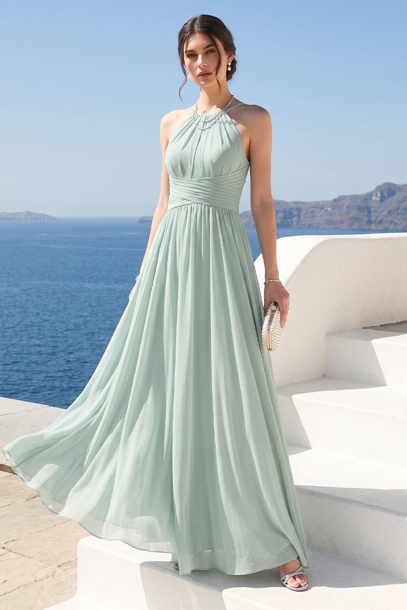 A-Line Halter Sleeveless Ruched Floor-Length Chiffon Bridesmaid Dresses