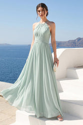 A-Line Halter Sleeveless Ruched Floor-Length Chiffon Bridesmaid Dresses