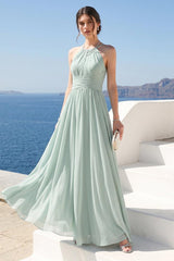 A-Line Halter Sleeveless Ruched Floor-Length Chiffon Bridesmaid Dresses