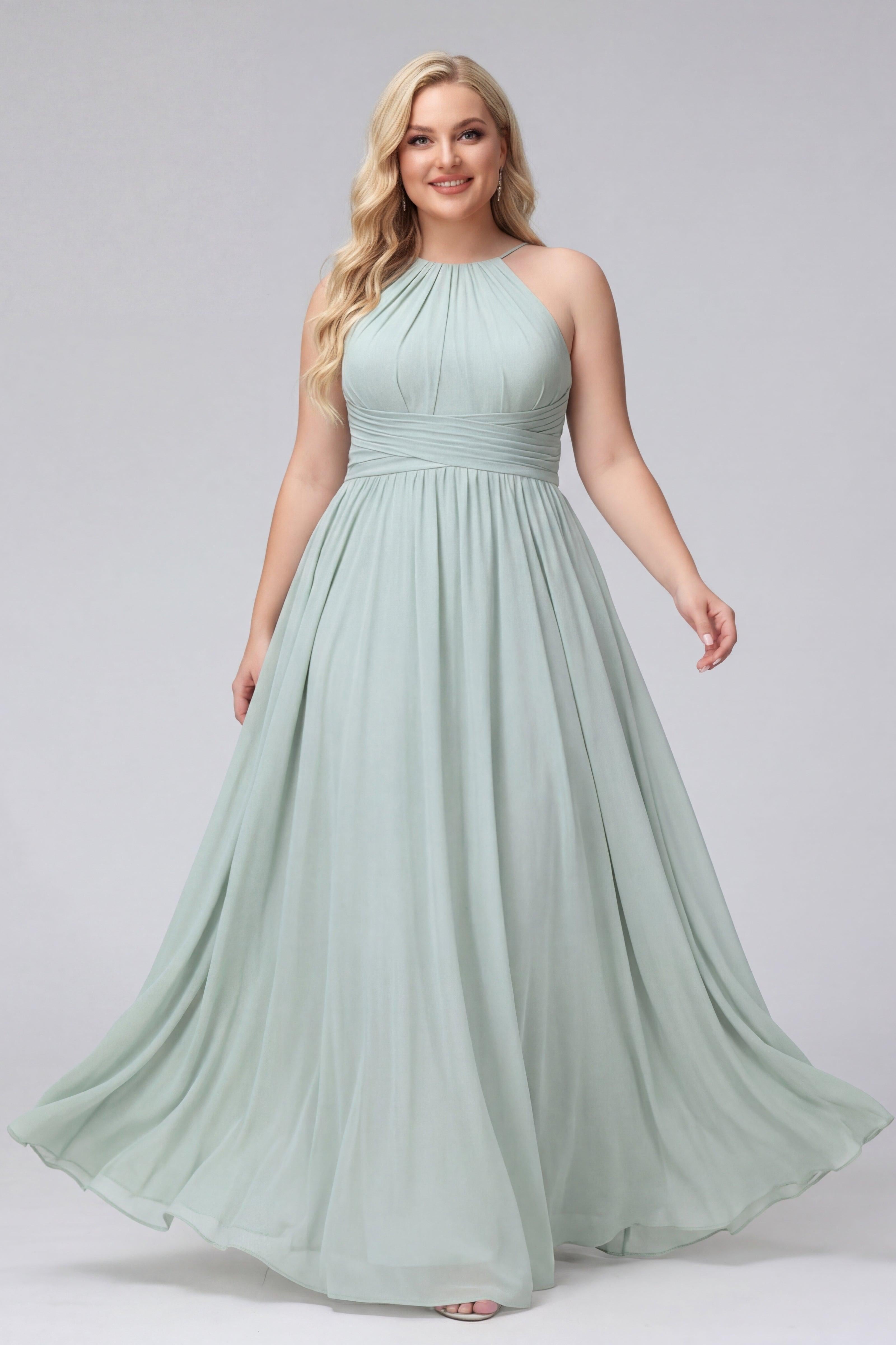 A-Line Halter Sleeveless Ruched Floor-Length Chiffon Plus Size Bridesmaid Dresses