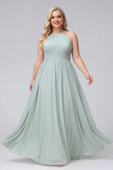 A-Line Halter Sleeveless Ruched Floor-Length Chiffon Plus Size Bridesmaid Dresses