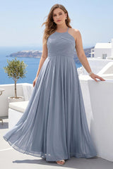 A-Line Halter Sleeveless Ruched Floor-Length Chiffon Plus Size Bridesmaid Dresses
