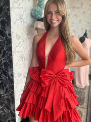 Dressystars A Line Halter Tiered Ruffle Homecoming Dress with Bow