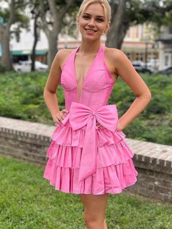 Dressystars A Line Halter Tiered Ruffle Homecoming Dress with Bow