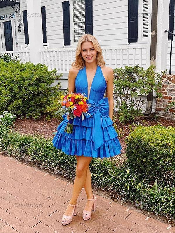 Dressystars A Line Halter Tiered Ruffle Homecoming Dress with Bow
