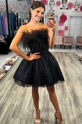 A Line Homecoming Dress Black Sequin Style Chic Feather Cropped Short Party Cocktail Dress