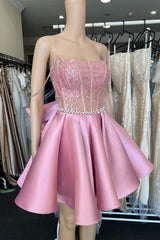 A Line Homecoming Dress Girly pink Lace Chic Off the Shoulder Style bowknot Back Short Party Cocktail Dress
