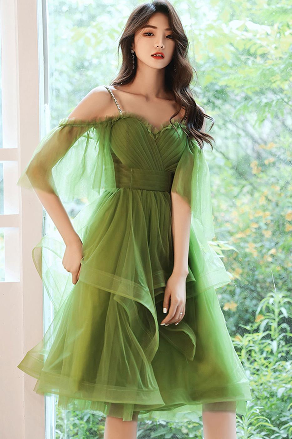 A Line Homecoming Dress Green Sweetheart Neck Tulle Short Party Cocktail Dress