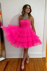 A Line Homecoming Dress Heart shaped Tulle Corset Fuchsia Short Party Cocktail Dress